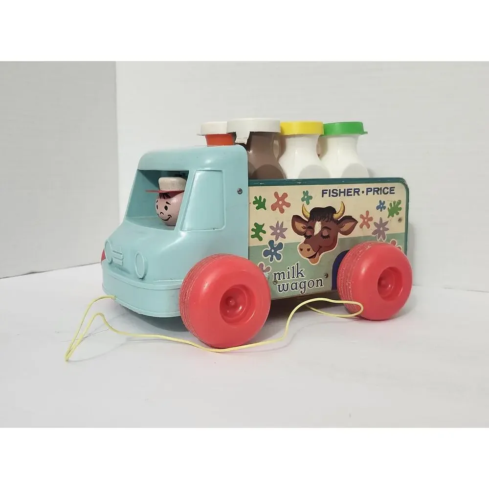 Vintage 1965 Fisher Price Milk Wagon Pull Toy 131 Bottles Lithos Driver